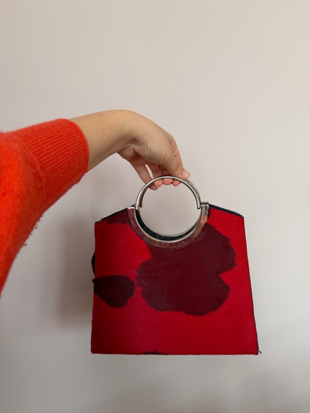 Red Cow Print faux skin Patterned Top-Handle Bag with Silver Ring Handles